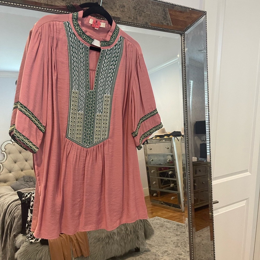 Pretty Pink Tunic with green gold and silver embroidery